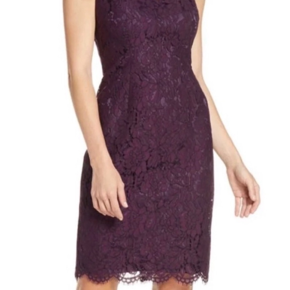 David's Bridal Deep Purple Lace Midi Dress